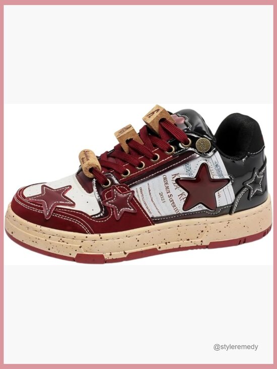 Shoes - Burgundy Star Chunky Sneakers Women Fashion Platform Walking Shoes